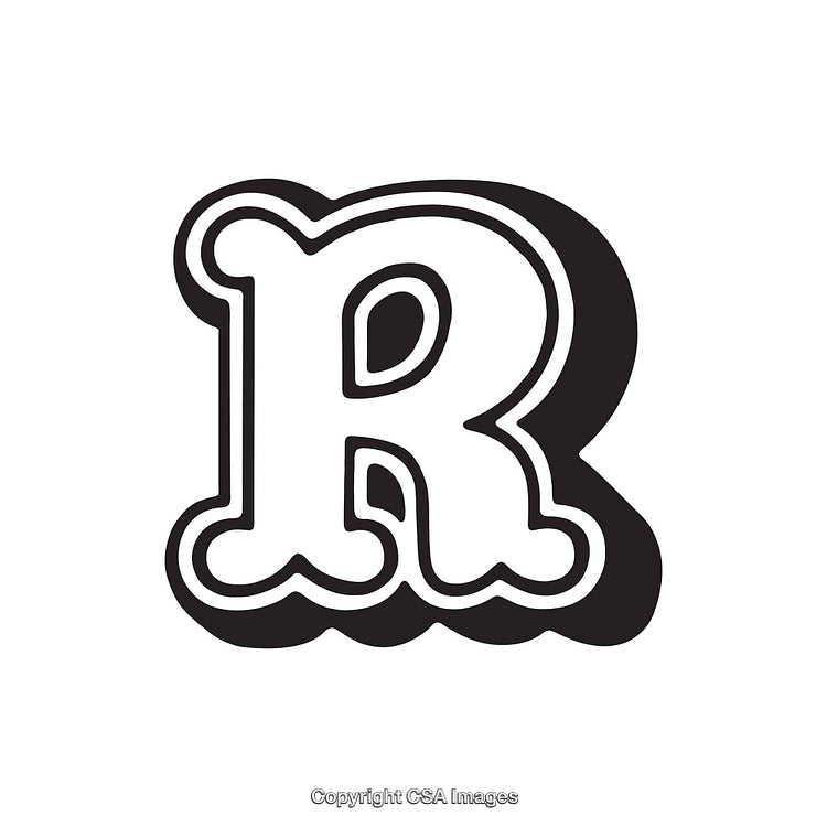 Stylized Black and White Letter R Illustration with Bold Outline
