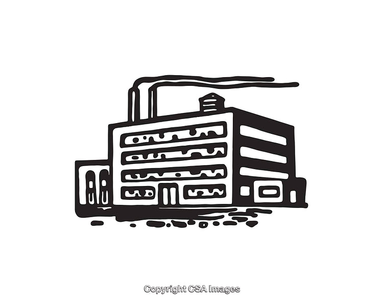 Black and White Line Art Illustration of an Industrial Factory Building