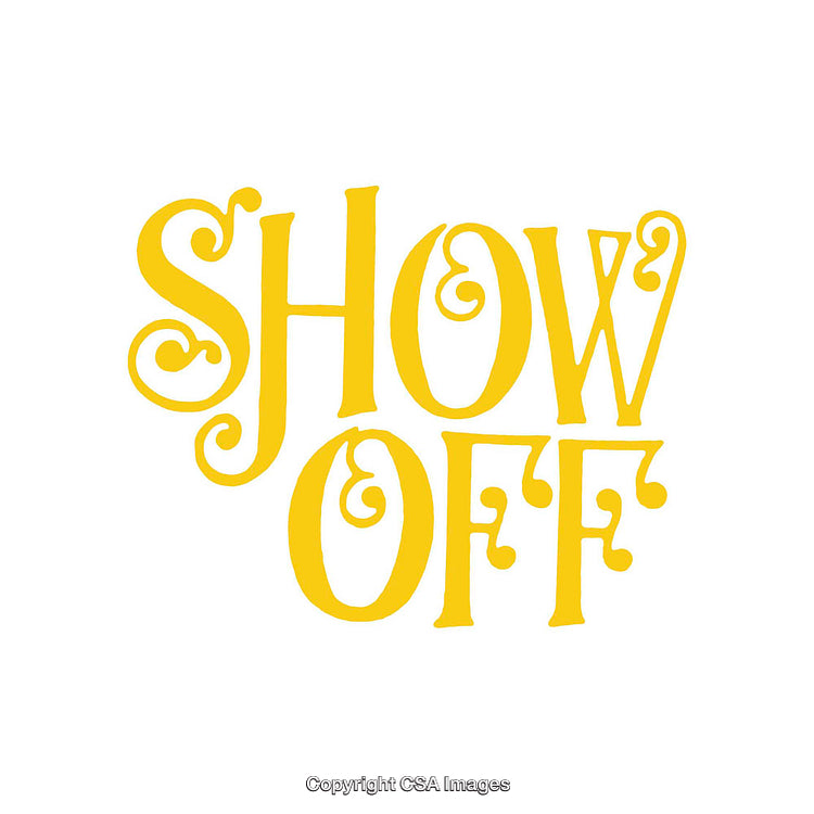 Yellow Decorative Typography Displaying 'Show Off' on White Background