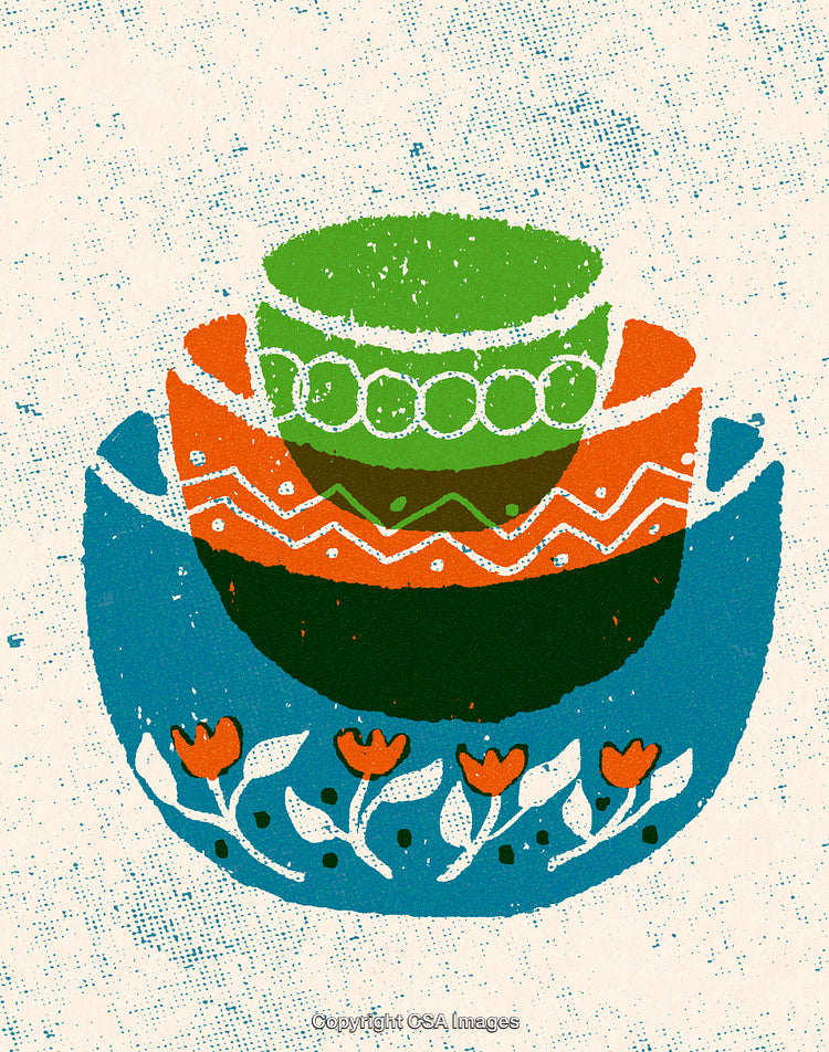 Stacked Decorative Bowls with Handpainted Floral and Geometric Patterns