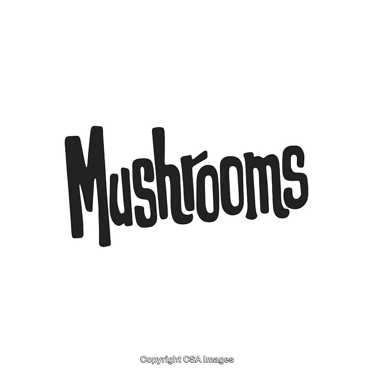 Stylized Black and White Typography Design Featuring the Word 'Mushrooms'
