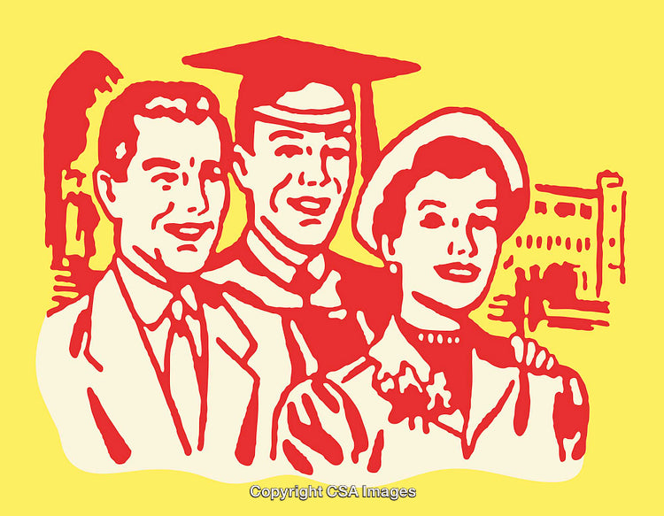 Retro Line Art Illustration of Graduation Family Portrait in Yellow and Red