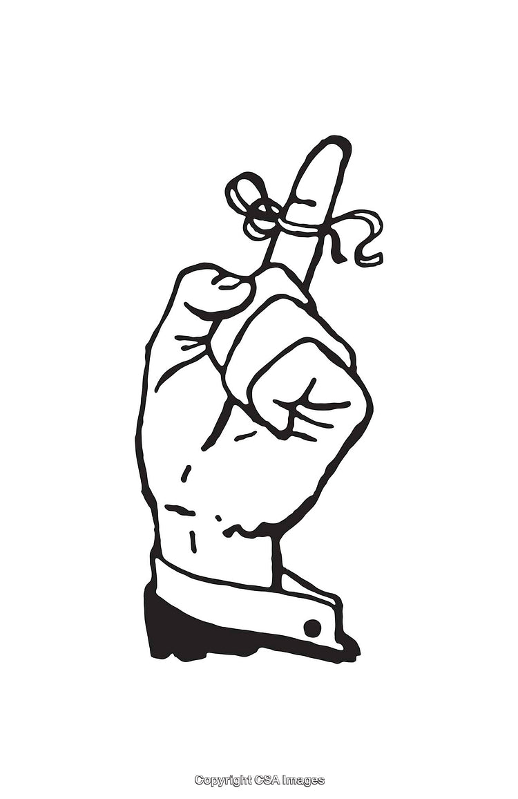 Black and White Line Art Illustration of a Hand with a String Reminder