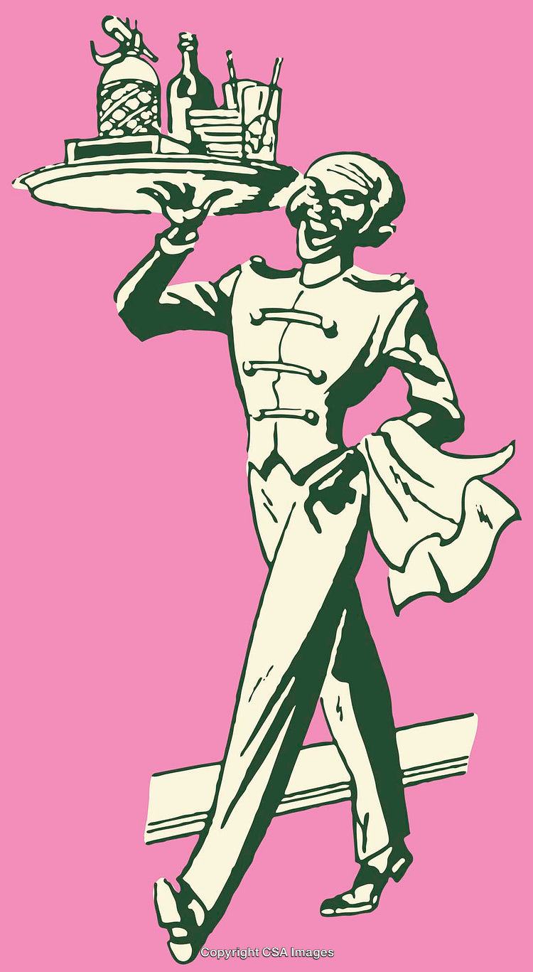 Vintage Illustration of a Joyful Waiter Carrying a Tray on Pink Background