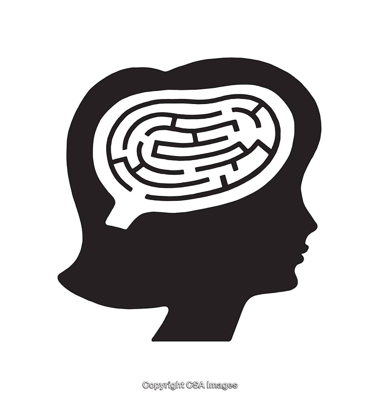 Black and White Line Art of Human Head with Brain as Maze