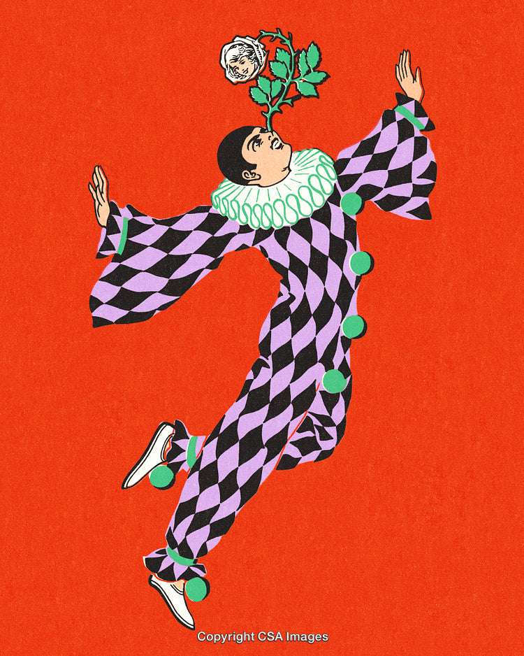 Colorful Illustration of a Harlequin With a Surreal Rose Stem Face