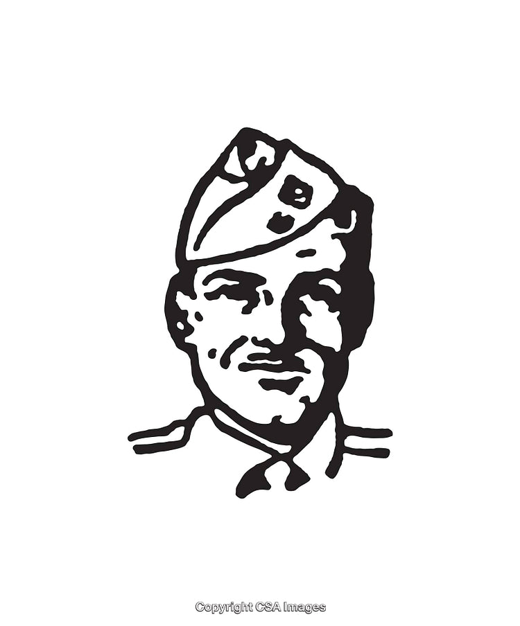 Black and White Line Art of Military Officer in Uniform