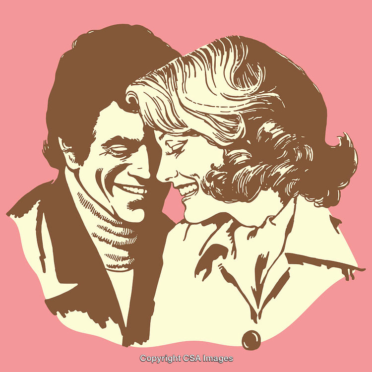 Vintage Line Art Illustration of a Smiling Couple on Pink Background