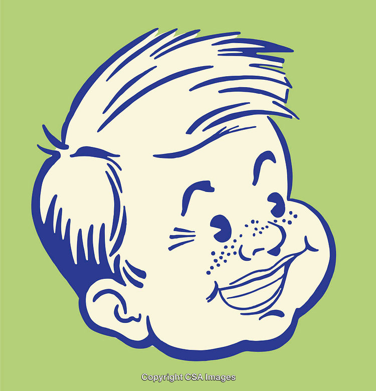 Retro Styled Illustration of a Smiling Boy Character on Green Background
