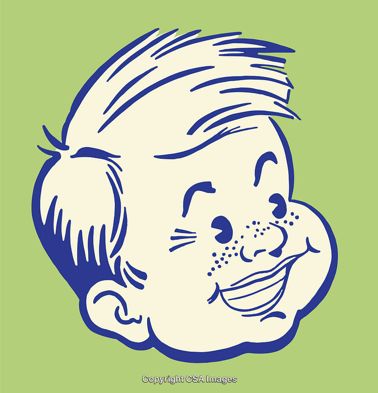 Retro Styled Illustration of a Smiling Boy Character on Green Background