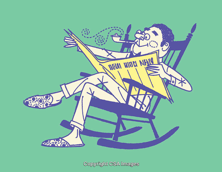 Man Relaxing in Rocking Chair with Newspaper and Smoking Pipe, Vector Art