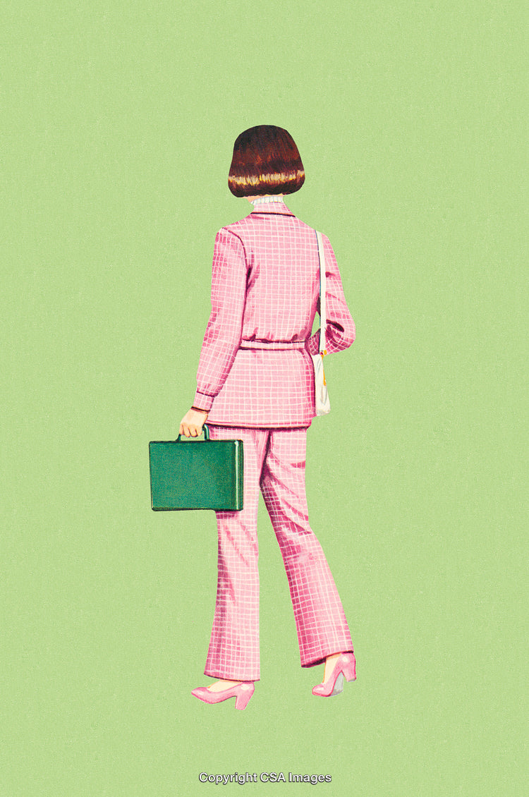 Retro-Inspired Professional Woman in Pink Suit with Briefcase on Green Background