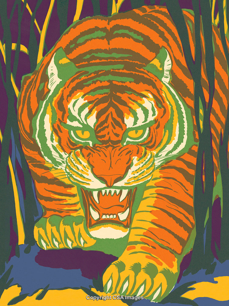 Colorful Illustration of a Roaring Tiger Emerging from Jungle Vegetation