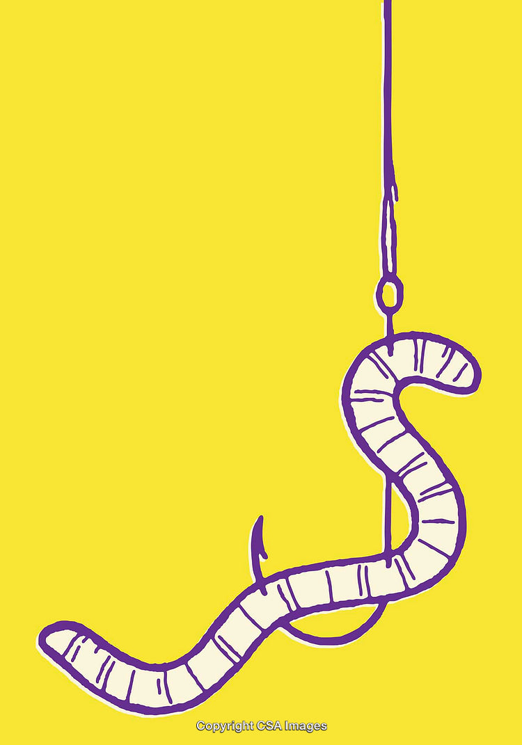 Illustrated Worm on Fishing Hook Against Bright Yellow Background