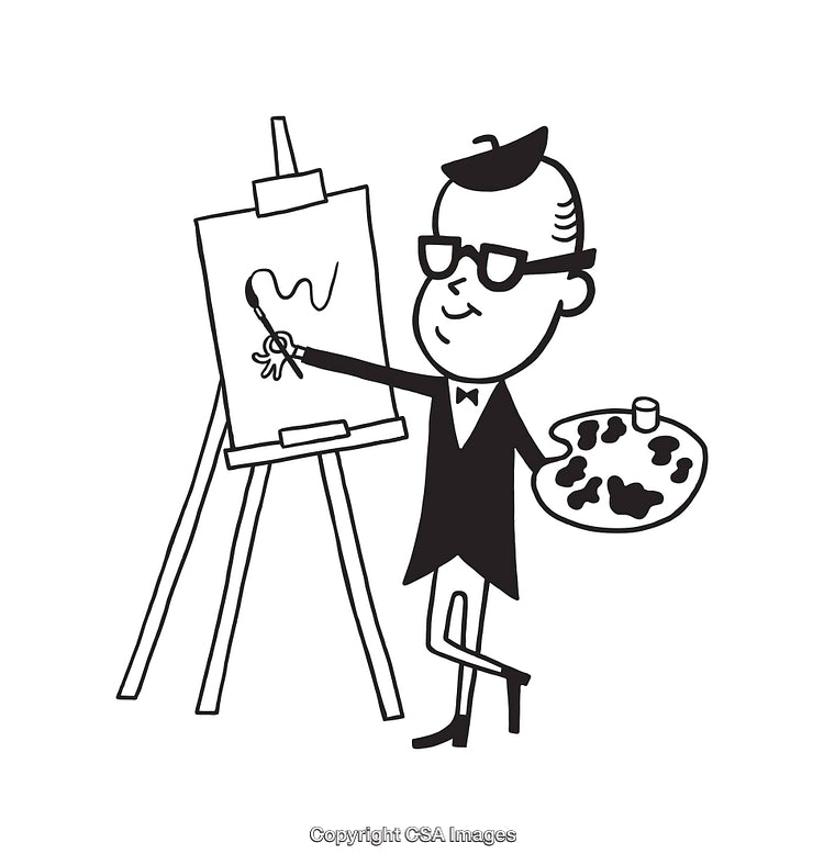 Retro Black and White Cartoon of an Artist Painting on a Canvas
