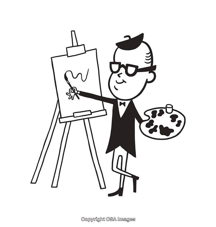 Retro Black and White Cartoon of an Artist Painting on a Canvas