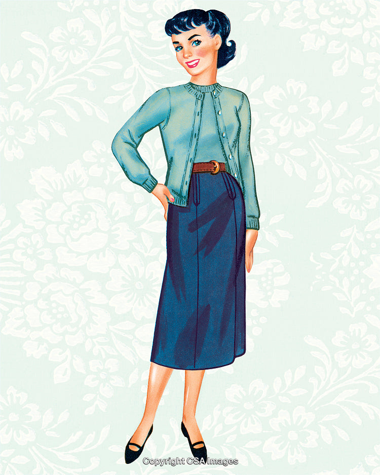 Retro Illustration of Woman in Stylish Outfit Against Floral Background