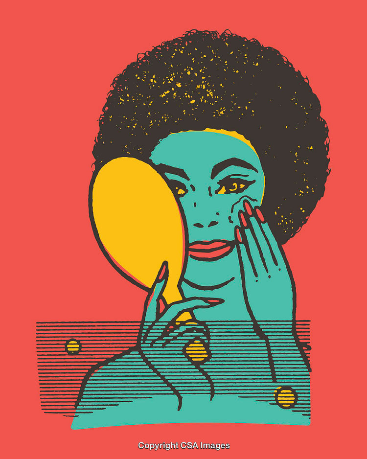 Colorful Line Art Illustration of Woman Holding a Hand Mirror