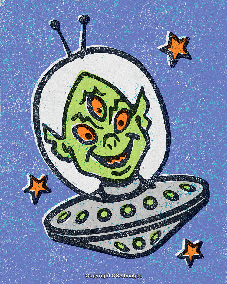 Playful Illustration of a Green Alien in a UFO with Starry Background
