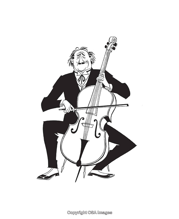 Black and White Caricature of a Cellist Performing Enthusiastically