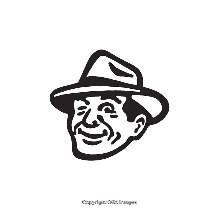 Black and White Line Art Illustration of a Friendly Man in a Fedora