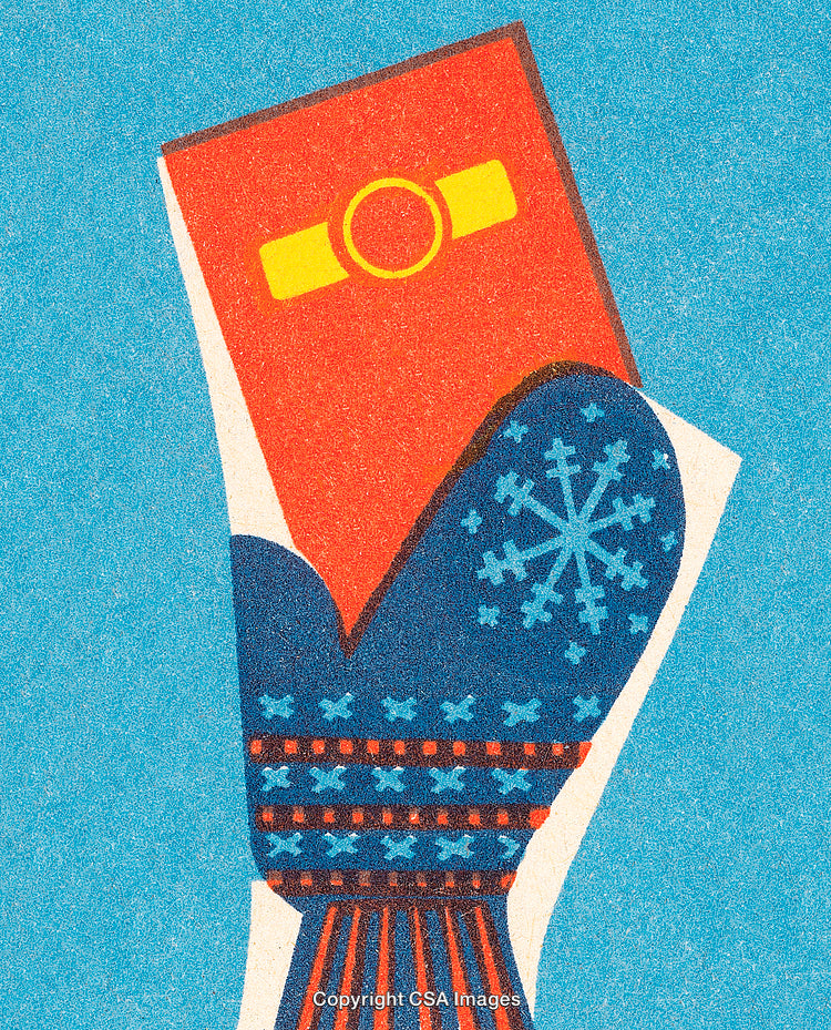 Festive Mittens Holding a Gift Illustration with a Snowflake Motif