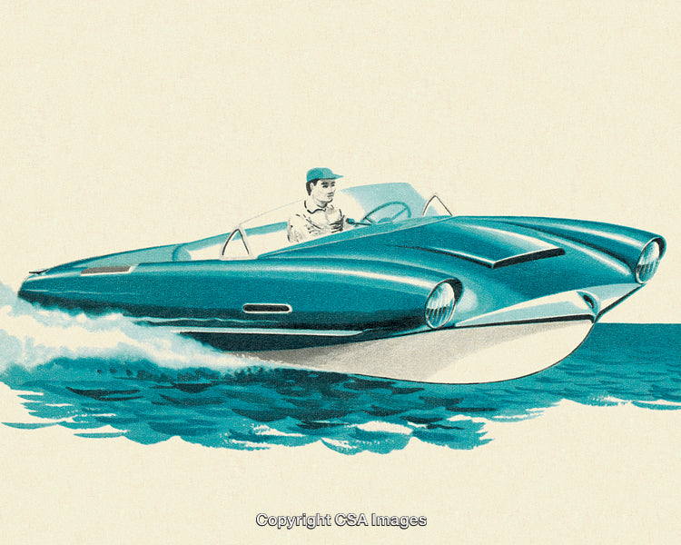 Vintage Illustration of a Futuristic Green Boat Driven on Water