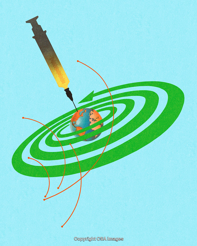 Creative Illustration of Earth With a Syringe and Radiating Patterns