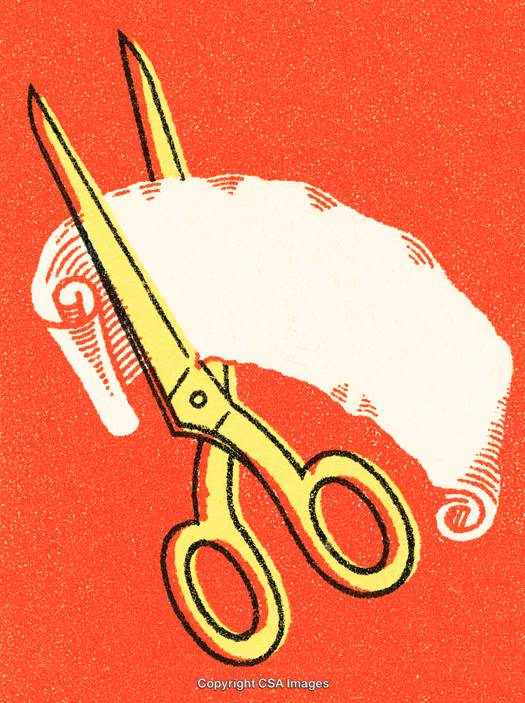 Vintage Illustration of Scissors Cutting Curled Paper Against Red Background