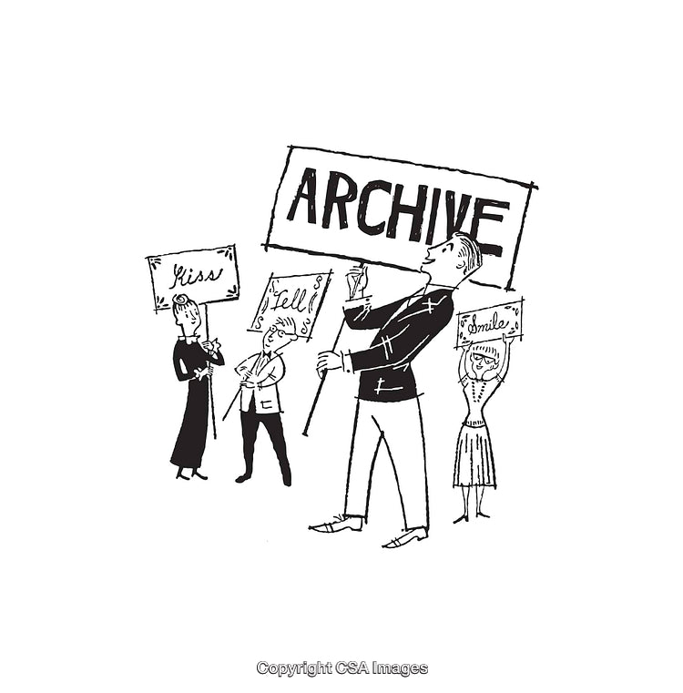 Vintage Black-and-White Line Art with People Holding Signs