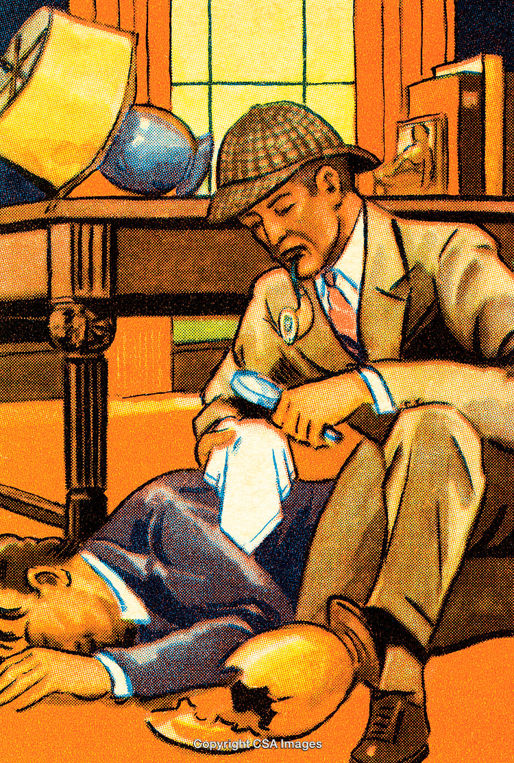 Detective Examining a Scene With Suspenseful Vintage Illustration