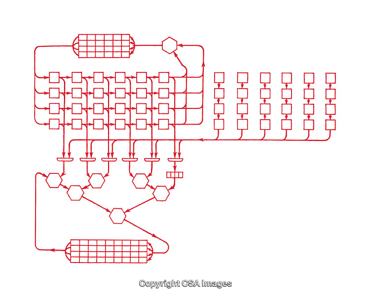 Complex Technical Flowchart with Interconnected Nodes and Hexagonal Elements