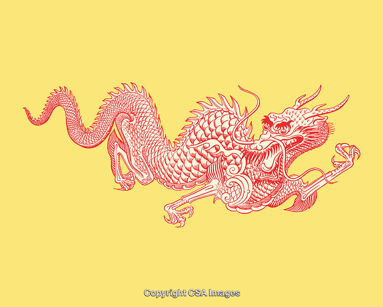 Red Traditional Dragon Illustration on a Solid Yellow Background