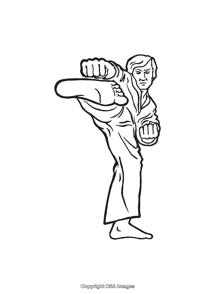 Martial Artist in Dynamic Pose Performing High Kick and Block