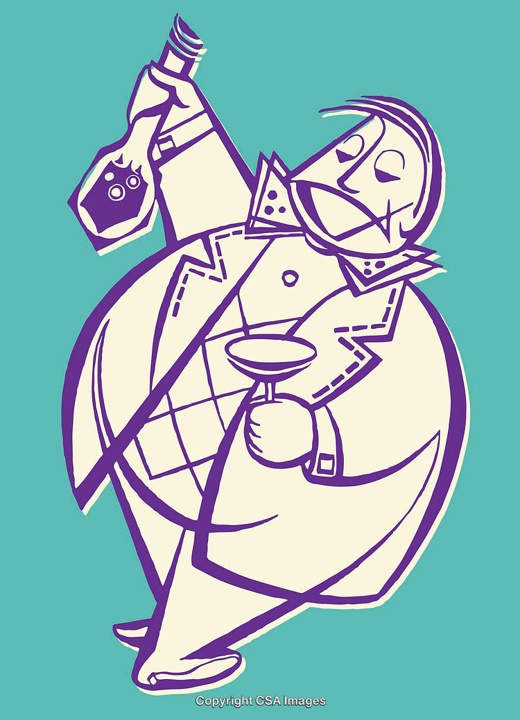 Whimsical Illustration of Man Holding Bottle and Glass in Vibrant Colors