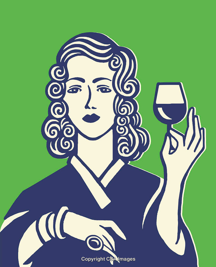 Elegantly Styled Woman Holding a Wine Glass in Color Line Art Illustration