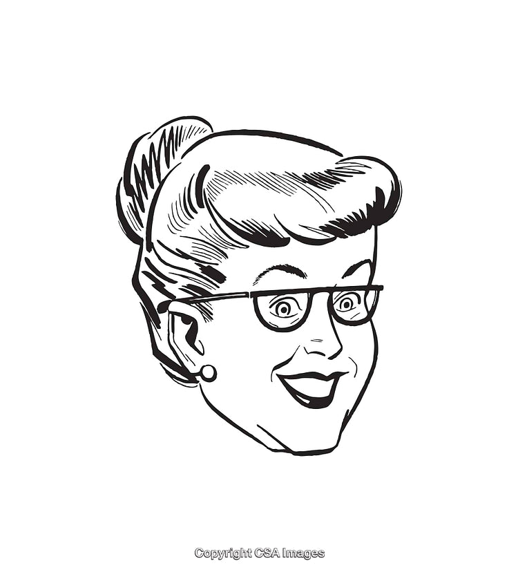Vintage Black and White Illustration of a Smiling Woman Wearing Glasses