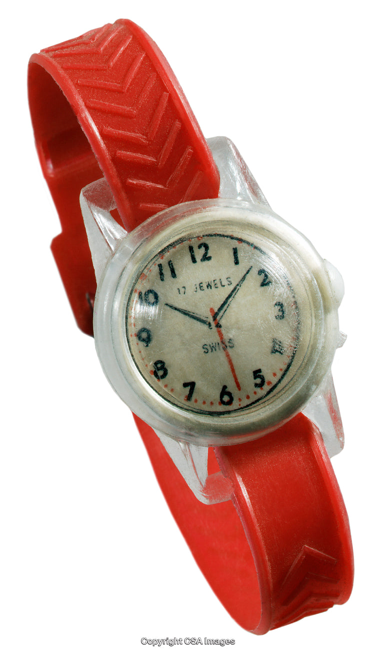 Vintage Plastic Toy Watch With Red Strap and Analog Dial