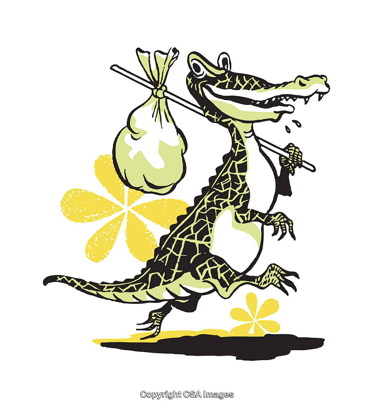 Cheerful Cartoon Crocodile Traveling With Bag and Floral Decor Illustrated