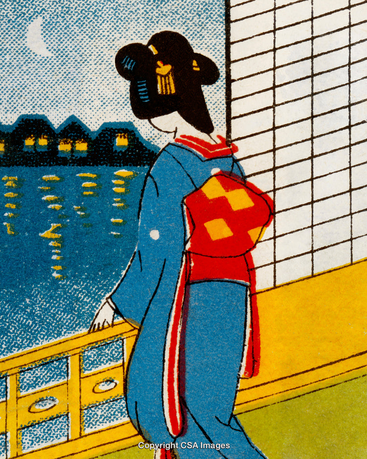 Traditional Japanese Woman in Kimono Enjoying a Quiet Moonlit Evening