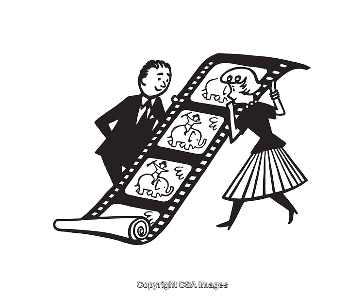 Retro Style Black and White Illustration with Film Strip and Cartoon