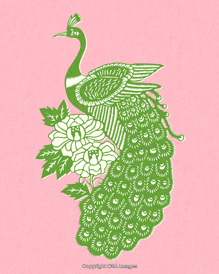 Graceful Green Peacock and Blooming Flowers on Soft Pink Background Illustration