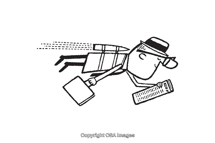 Illustration of a Businessman Flying with a Briefcase and Rocket Pack