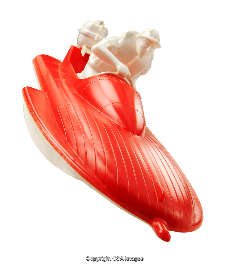 Red and White Vintage Plastic Boat Toy with Rider at Full Speed