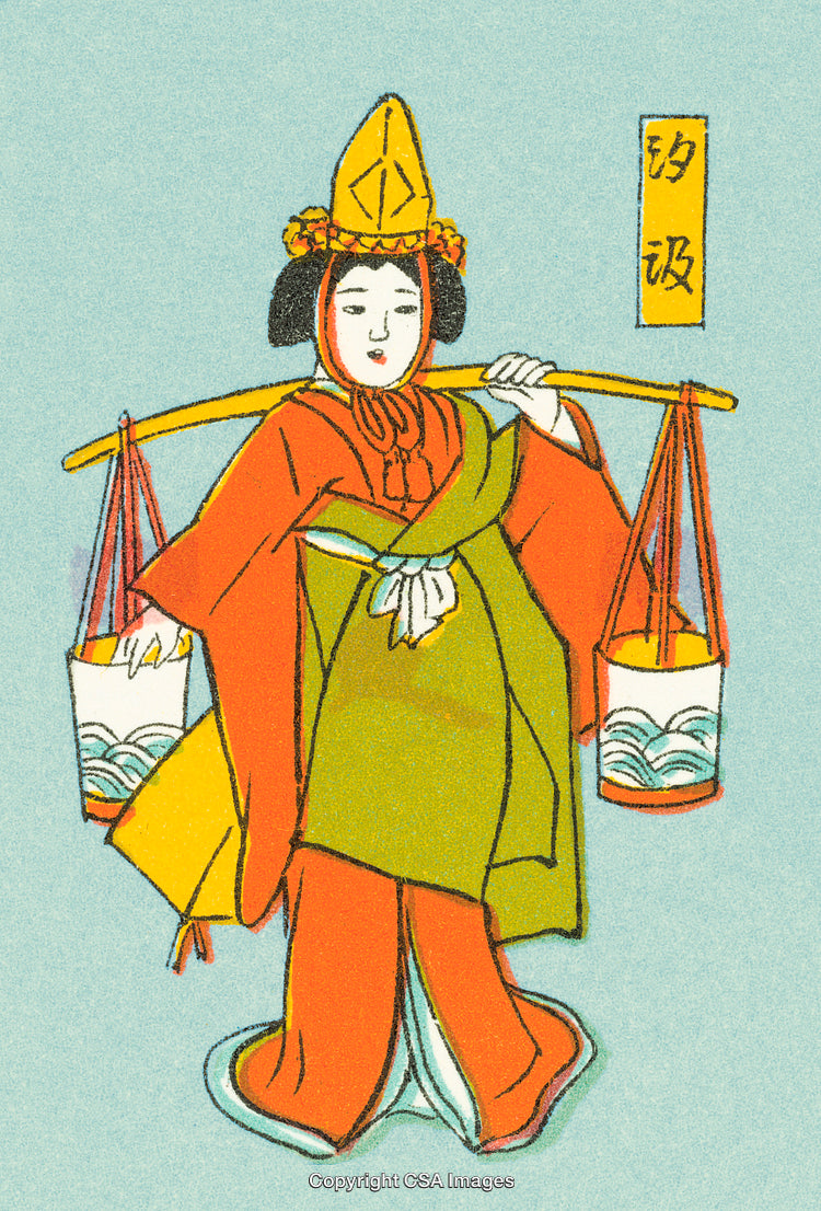 Traditional Cultural Illustration of a Woman in Colorful Attire Carrying Balanced Buckets