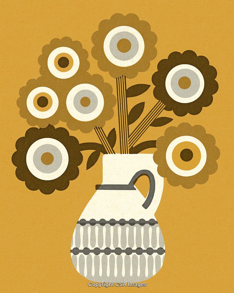 Stylized Floral Arrangement in Beige Tones on Yellow Background