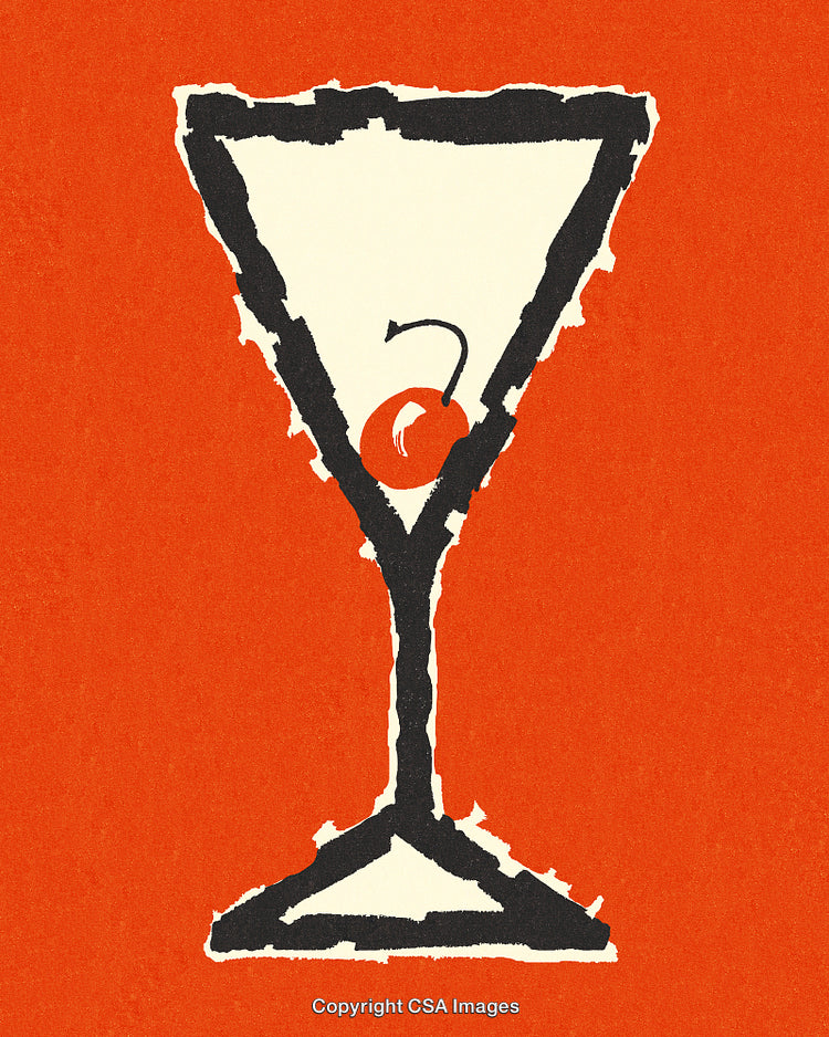 Abstract Illustration of a Martini Glass with Cherry on Vibrant Orange Background