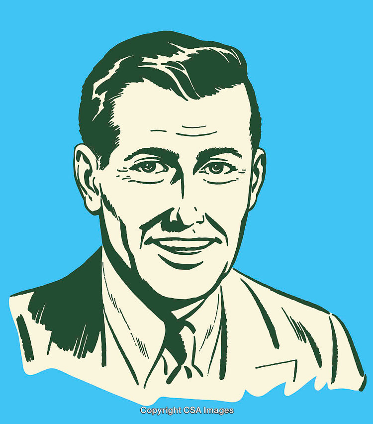 Retro Line Art Style Illustration of Smiling Man with Blue Background