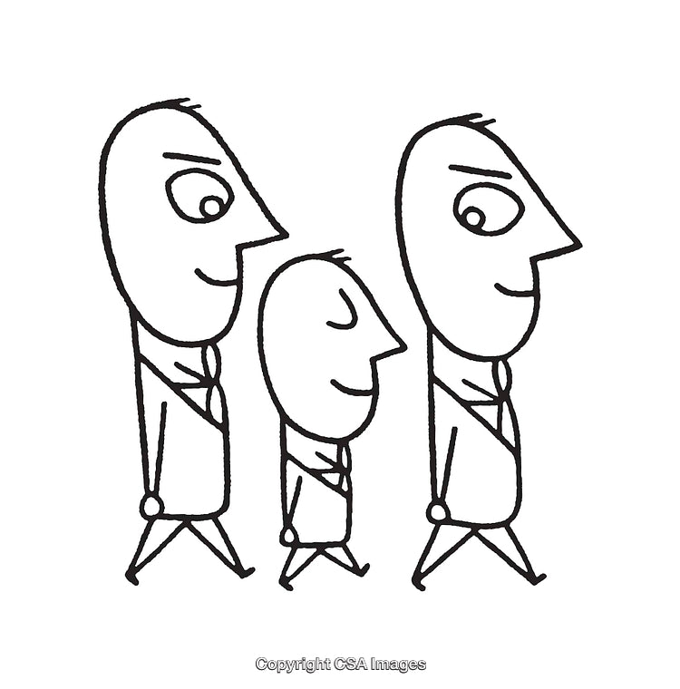 Three Generations Walking Together in Line Art Black and White Illustration