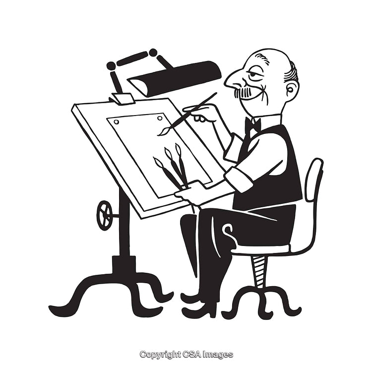 Black and White Illustration of an Artist Working at a Drawing Board
